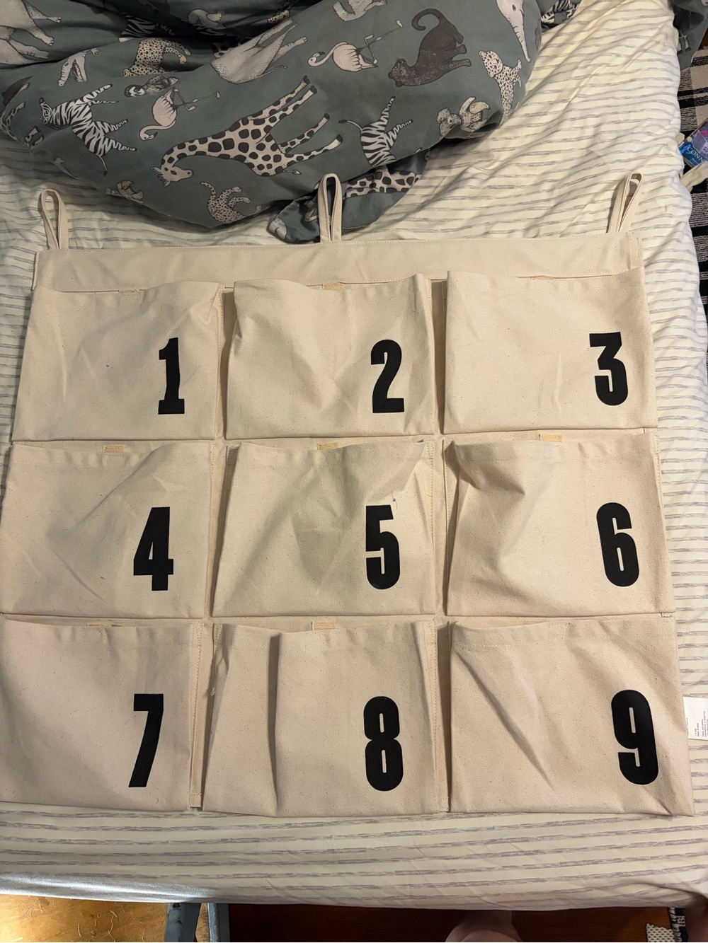 Crate&Barrel Canvas Hanging Pocket Organizer in Natural with Black Numbers